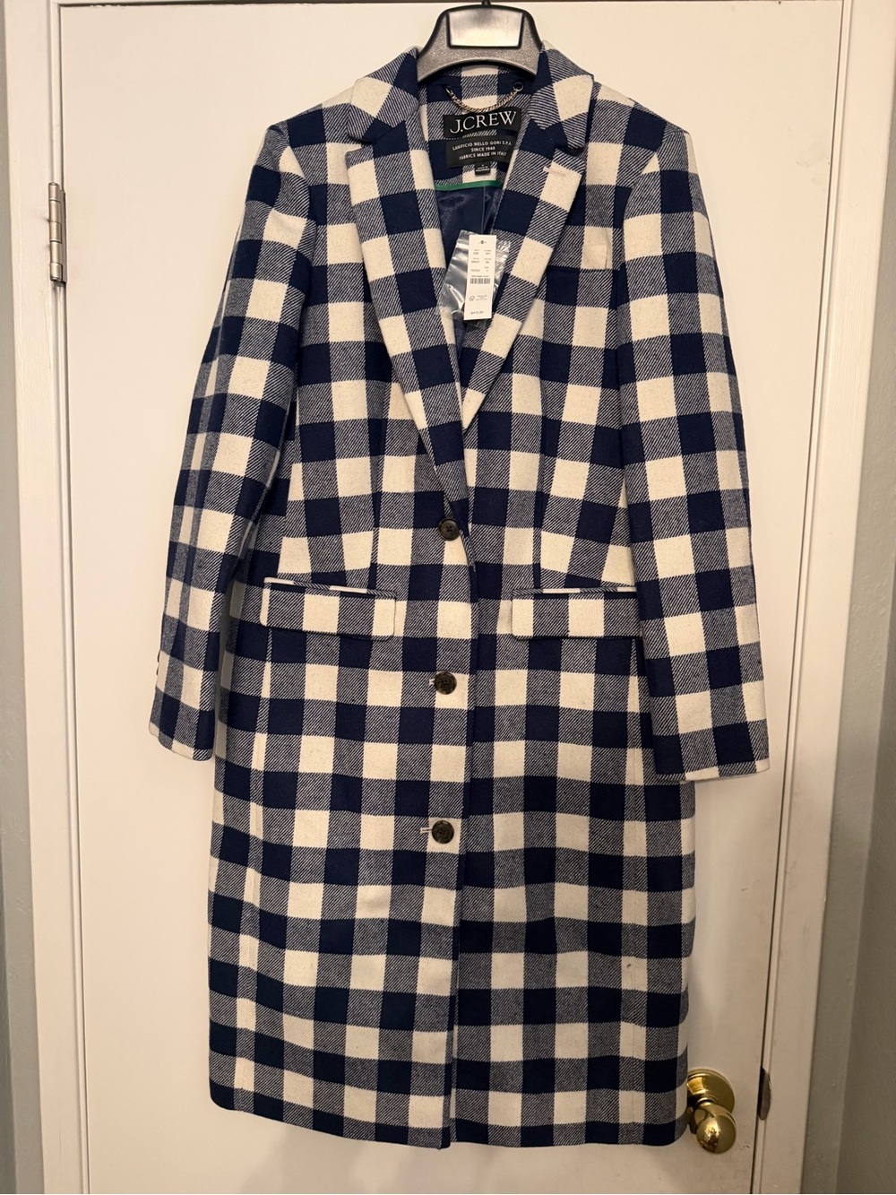 J. Crew Navy & White Checked Tailored Wool-Blend Coat